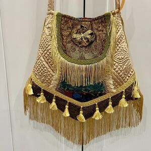 Champagne &  Multi Eclectic Handmade Boho Fringed Crossbody Bag